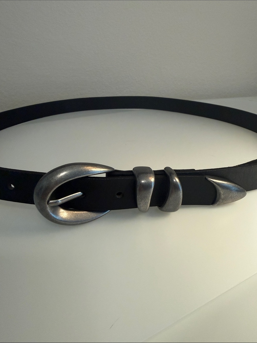 Free People Siren Black Leather Western Belt with Antique Silver Buckle L/XL